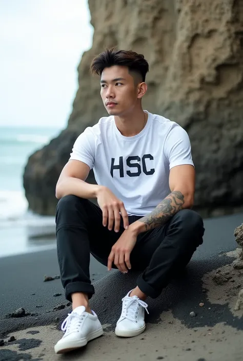 a very handsome Asian man with short and neat hair sitting on the edge of a rock on the beach, wearing a white t-shirt with the "HSC" logo, there is a tattoo on his arm, black cargo jeans, white sneakers, anomaly on the beach with the ocean, sitting on the...