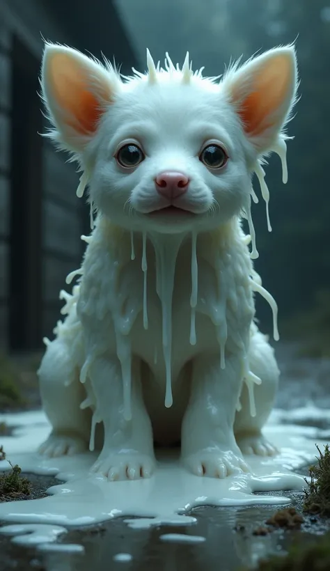 A monstrous baby dog made entirely of flowing, thick milk, with no fur visible. Its eyes glow an intense, ghostly white, and milk drips heavily from its body. The background is the same dark, misty dairy farm, with milk splattered on the ground.
