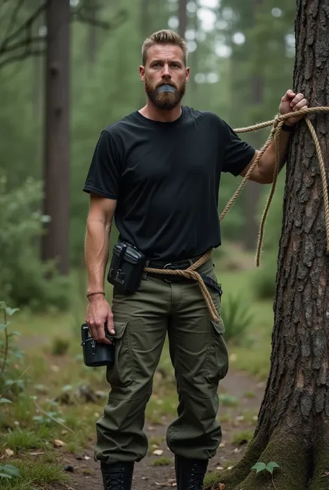 A nordic man with a short beard and hair dressing work boots, cargo pants and black t-shirt is in a survival camp tied up to a tree from his hands and legs with thin rope and a wide tape on his mouth. He is captured by blond man dressing black army boots. 