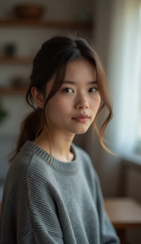 Sofia wearing a gray sweater in her blurry living room with a small smile. 