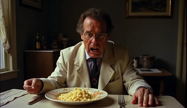  The vomit in La Mosca  ( nineteen hundred eighty-six )  had two iconic moments :  was used to feed and the other to destroy . In the first scene,  where Seth Brandel ,  played by Jeff Goldblum ,  vomits on his food ,  an edible mixture of eggs , Honey, an...