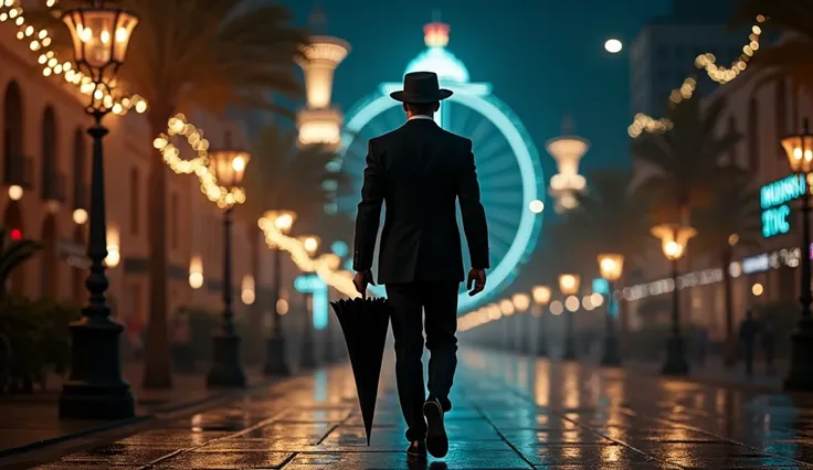 right side gentleman, hat, dark, street, night, luxury, casino, umbrella,