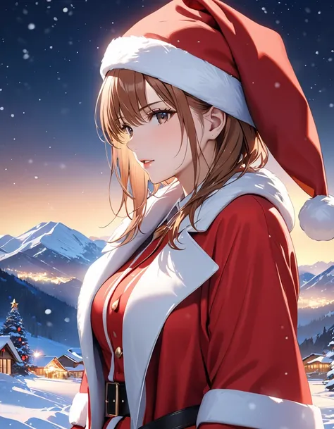 Christmas, ( Santa Claus), snowy mountains, night, reindeer, masterpiece:1.5, masterpiece, highest quality, ( Misaka Mikoto), UHD, retina, masterpiece, accurate anatomy, textured skin, super detailed, high quality, best quality, highres icon, 8k