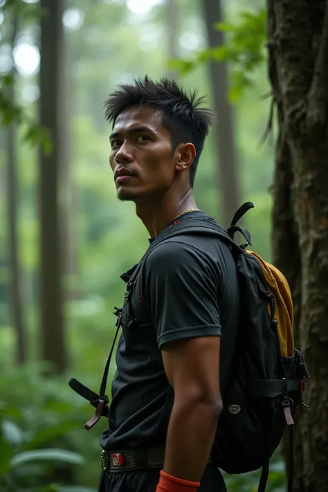 one handsome Indonesian climber looking back, confused and sad, in the forest many big trees surround the photo, far view, very real photo