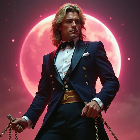 Ruggedly handsome man in a tuxedo with chains and whips, barbarella, ash thorp, official art, panoramic widescreen view, megadeth, matte coloring, 1970s, syndicate(2012), psionic, nebula, by Juan Giménez, 1 9 7 0 s  