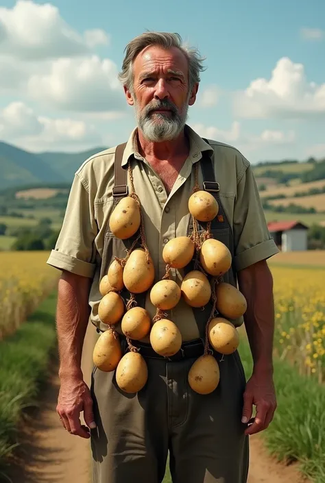 Boynunda patates ve yumurta asılan bir adam