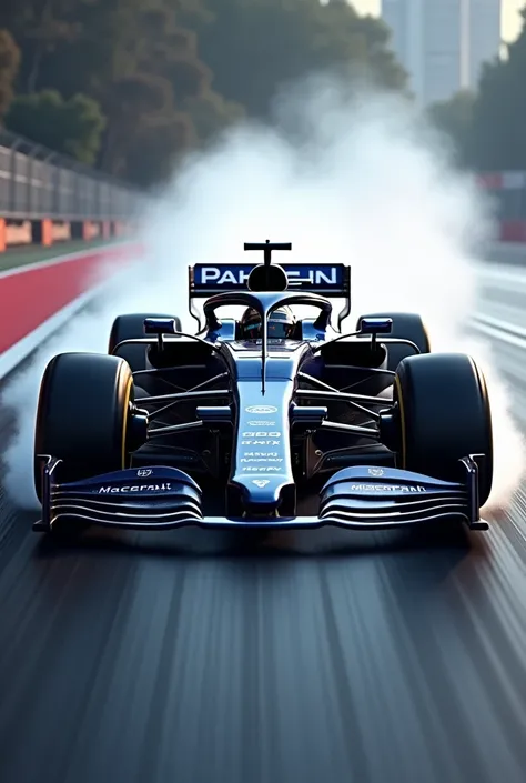  Ultra-realistic Macerat Formula 1 car photo ,  Macerat symbol on the front showing the entire car front and side perspective racing on a race track at high speed smoke coming out of the tires car in the color navy blue