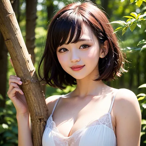 beautiful girl, ((((big)))), Show, stick out tongue, short hair, brown, 【8k,  Professional Photography , Exquisite, Clear, in the forest,  moon, light leak , masterpiece, (beautiful)))), (Reality)))), Smile,  Extraordinary , [Angel, young, bb