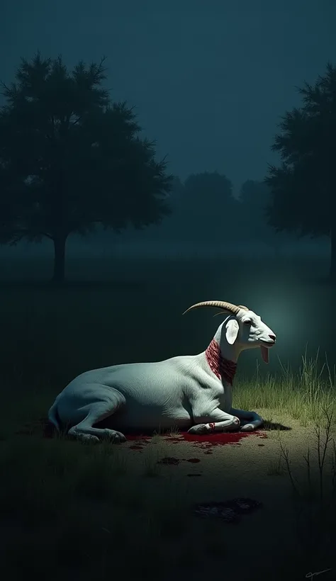  An open field in the dark of the night , illuminated only by the light of a flashlight . on the ground,  a goat lies motionless with deep wounds on its neck ,  surrounded by trampled grass and traces of dried blood .  The shadows of nearby trees seem to m...