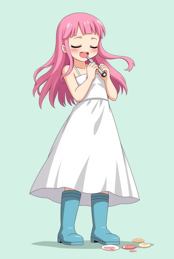  loli girl, pink long hair, white long sundress, skyblue knee high long rain boots, standing, masturbating, ejaculating, semen, cum, orgasm, blush, semen dropping on ground, futanari, smile, slim body,