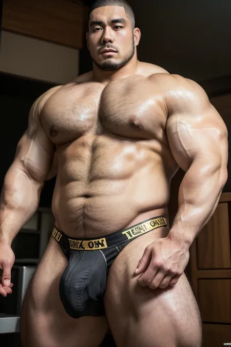 (Extremely detailed 8k wallpaper), A Japanese fat muscler male，High detail, Dramatic，Epic，short detailed hair，short mustache，Wearing dirty jockstrap, Perfect figure, Very huge and strong body, Bulging muscles, musculous, Very large pectoral muscles，Very se...