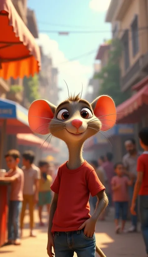 Sheroo was a little rat cub 3d pixar style 

Clothing-red t-shirt and full jins 

 A bustling city street in India, crowded with people rushing to their destinations. In the middle of this chaos, a humble tea stall stands out. Sheroo, a middle-aged man wit...