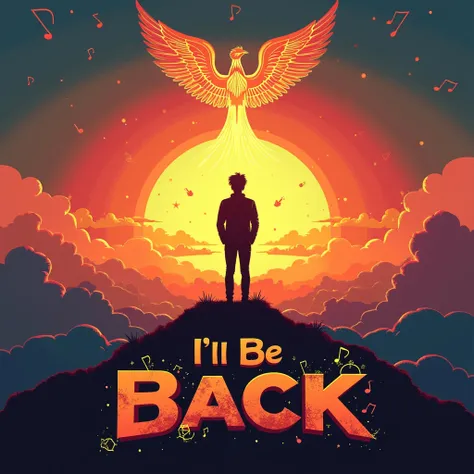 Design a vibrant retro-inspired music thumbnail for a song titled I’ll Be Back. The scene features a silhouette of a person standing on a hilltop at sunrise or sunset, with glowing, radiant colors symbolizing hope and resilience. A phoenix or subtle sparks...