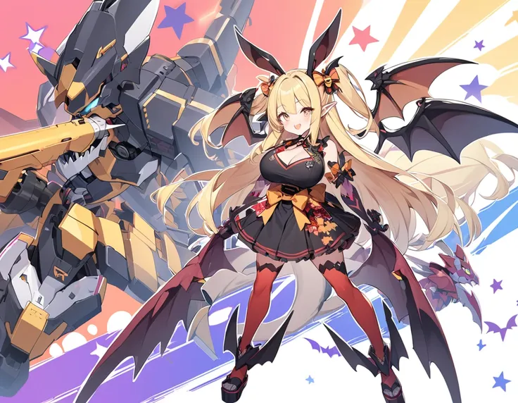 Gyaos Hyper (Bone Wyvern and Bat) Girl, 1 girl, Bat Claw Gloves, Bone Wyvern Bone Wings and Bone Tail, Bat Bone Ears, Bat Wings Furisode Skirt Costume, Mecha Wyvern Ultrasonic Scalpel Cannon (Weapon), (Full Body),
(rabbit ears elf girl), rabbit ears and el...