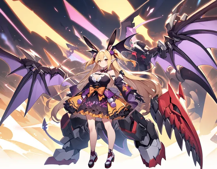 Gyaos Hyper (Bone Wyvern and Bat) Girl, 1 girl, Bat Claw Gloves, Bone Wyvern Bone Wings and Bone Tail, Bat Bone Ears, Bat Wings Furisode Skirt Costume, Mecha Wyvern Ultrasonic Scalpel Cannon (Weapon), (Full Body),
(rabbit ears elf girl), rabbit ears and el...