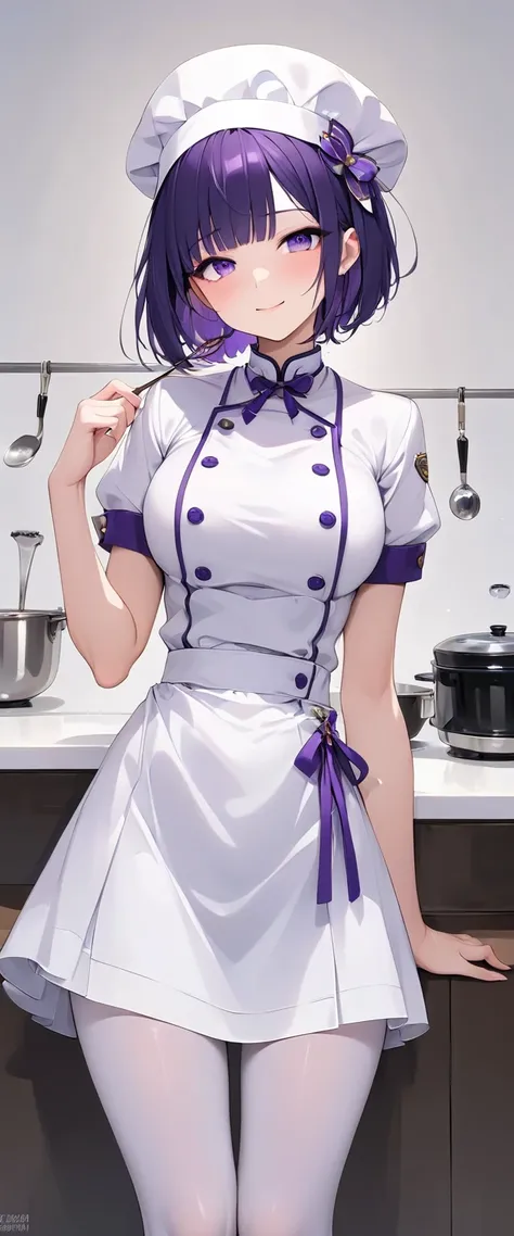 (deep purple short hair bob), ((Cute uniform for pastry chef))),  top quality,  top quality, 16k,  very detailed, 2.5D, AI-generated, Delicate and dynamic,  very delicate expression,  delicate eye depiction（（half-closed eyes, sexual meanings）:1.8）（Height: ...