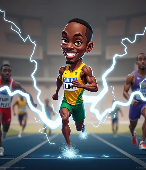 Make me a cartoon of the character Usain Bolt that has a lightning bolt attached to it 