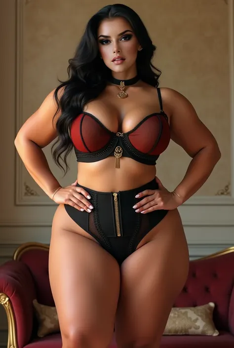 HUGE GLUTES: thin waist: PROTRUDING WIDE ASS: BULGING BUTTOCKS: MUSCULAR THICK THIGHS: zero inch: waist chest abs, large butt, most wide hips, Woman: latina, corset and choker with contrasting color, Masterpiece, 8K, best quality, high quality, imagen reso...