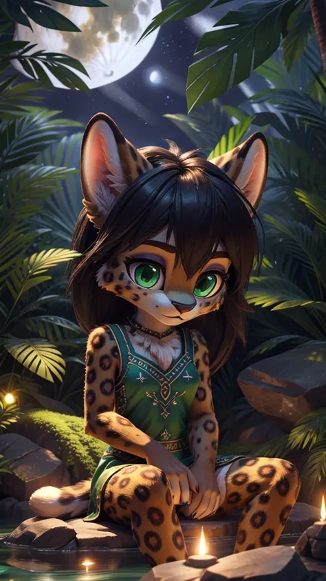 Beautiful, (masterpiece), high quality, perfect lighting, Highly detailed CG Unity 8k wallpaper, High resolution, perfect lighting, Adolescent anthro leopard furry girl, slim distinctly feminine figure, volumetric fluffy thick golden fur with black rosette...