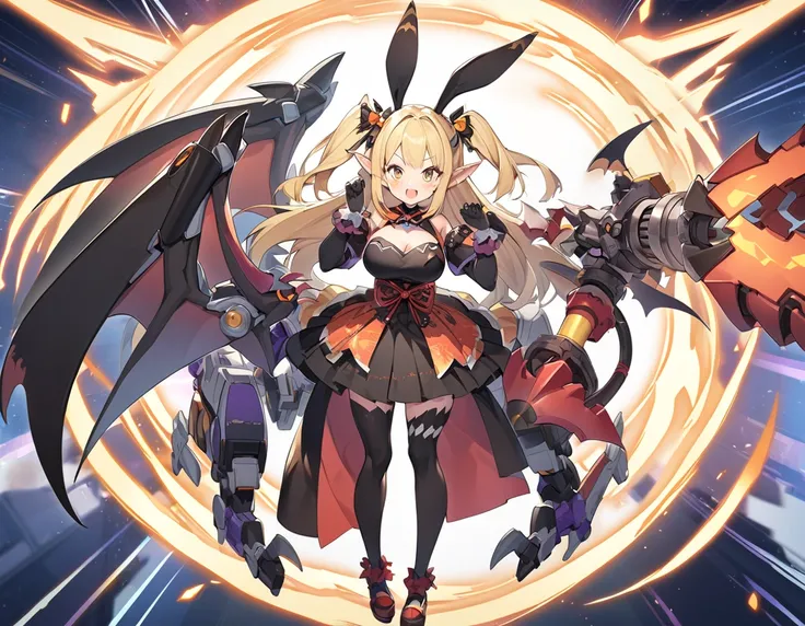 Gyaos Hyper (Bone Wyvern and Bat) Girl, 1 girl, Bat Claw Gloves, Bone Wyvern Bone Wings and Bone Tail, Bat Bone Ears, Bat Wings Furisode Skirt Costume, Mecha Wyvern Ultrasonic Scalpel Cannon (Weapon), (Full Body),
(rabbit ears elf girl), rabbit ears and el...