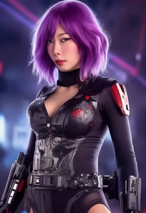 A cute woman (violet hair, violet eyes, sexy violet body suit extremely revealing, some electronic components on the suit with lit displays, laser pistol, chain sword (chain saw bladed sword makes a real bloody mess of foes)), role of space pirate captain,...