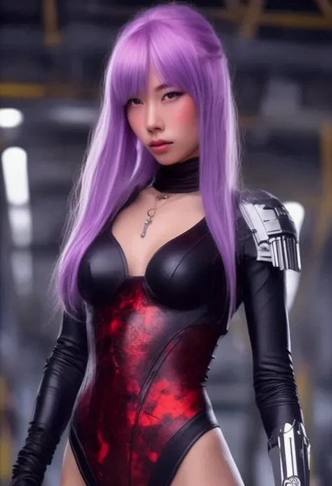 A cute woman (violet hair, violet eyes, sexy violet body suit extremely revealing, some electronic components on the suit with lit displays, laser pistol, chain sword (chain saw bladed sword makes a real bloody mess of foes)), role of space pirate captain,...