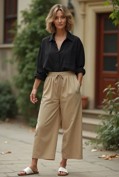  Woman with short brown hair with blonde lights  , from 40 years ago, 1 meter and 65 with 92 kg,  wearing black shirt and short white beige sandal pants 