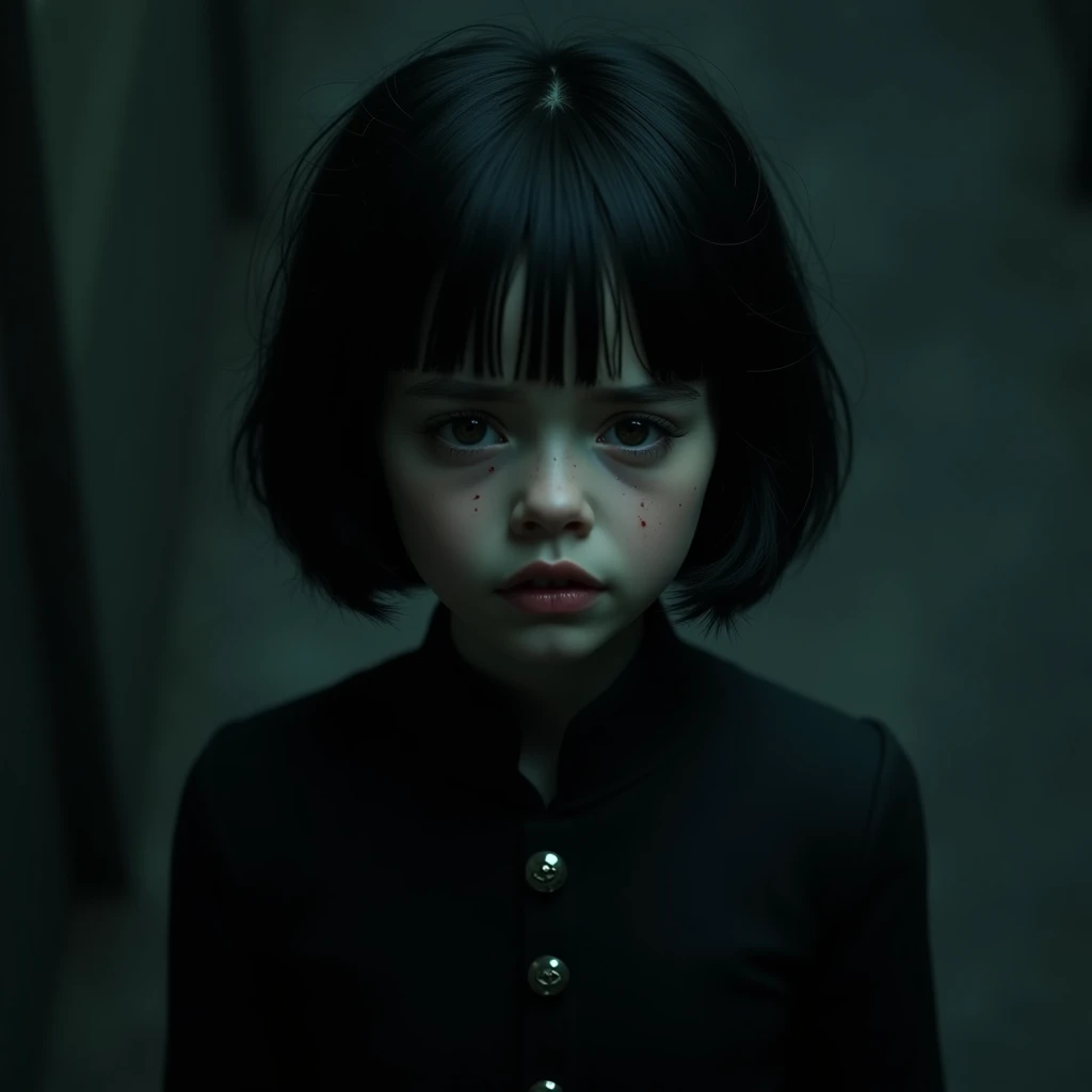 ((High quality: 1.3), cinematic shot, masterpiece, (sharp focus: 1.5), (photorealistic: 1.3), medium portrait of (a beautiful young vampire woman, pale skin, gothic, still proud and fierce, straight black short bob hair, dark look, dressed in a highly deta...