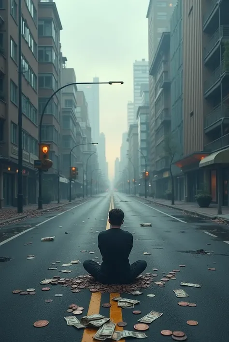  Create a visualization of ,  reflecting the abstract concept of bankruptcy , devastation,  lack of money .  Picture an empty ,  a deserted city street with coins scattered ,  with broken piggy banks or torn banknotes .  Add the figure of a person ,  sitti...