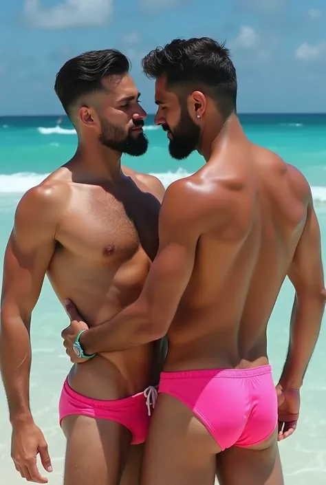 A feminine pink bikini man who is gay, macho, slim and very handsome 
 With a black beard, he puts a penis in his ass and fucks his friend who is gay