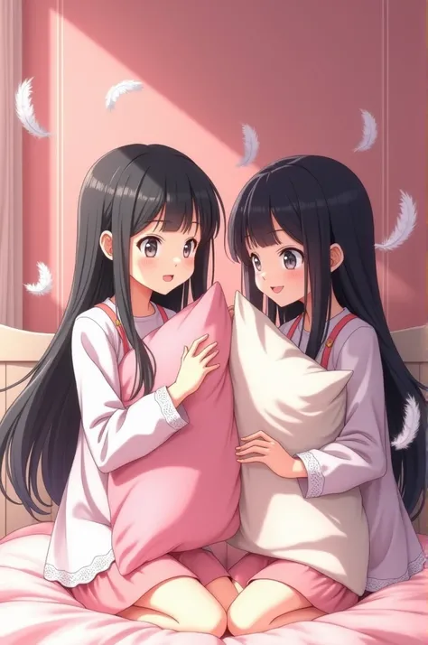 full body portrait of 2 sisters, HINATA HYIGA, long black hair with flat bangs covering the forehead, pale white eyes, and HANABI HYUGA, long black hair, part of the front hair covering her face, pale white eyes, having a pillow fight on the bed , with hap...