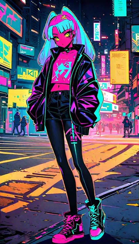 hiphop robotics girl powerful,  street fashion , cyberpunk,midnight,Algorithm-like design