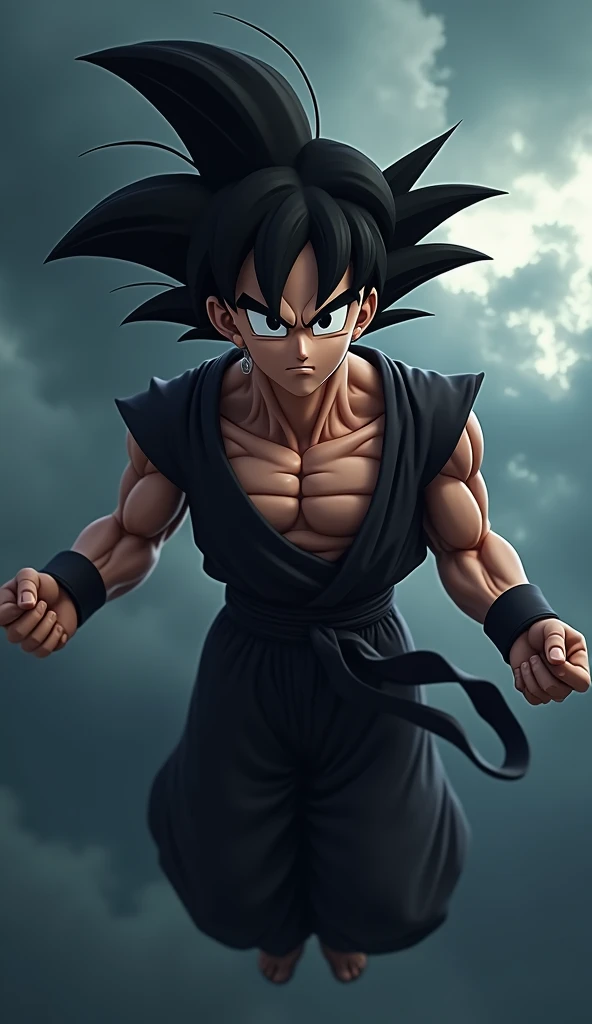 Goku Black from Dragon Ball Super, captured in a hyper-realistic and photorealistic style. He floats in the air in a calm yet menacing pose, with black hair depicted in a lifelike texture, natural highlights reflecting the soft, diffused light. His muscula...