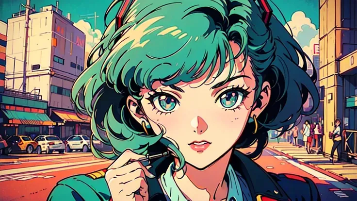 (80s, retro, city pop poster:1.5), (album cover), (masterpiece, best quality, intricate detail), (anime, illustration), (pastel colors:1.3), best photo pose,
 Hatsune Miku , iconic blue-green twin-tails with signature hair accessories, cheerful and youthfu...