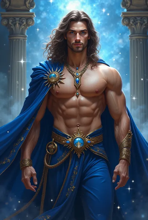 a young man, he is from the fantasy world, he is the king of the star kingdom, he has beautiful, stunningly blue, like sapphires, big eyes, he has long, wavy chocolate hair, he has a strong-willed face and sharp facial features, he has a golden skin tone, ...