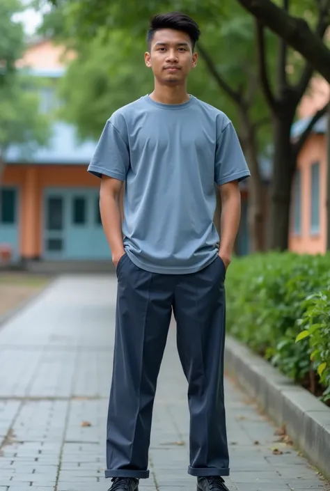 Make realistic photography, ultra HD, detailing an a Indonesia mans, high school, short neat hair, wearing a neat short T-shirt blue grey colour with long dark blue grey pants with black school shoes,  in two positions in front and back and mans sitting in...