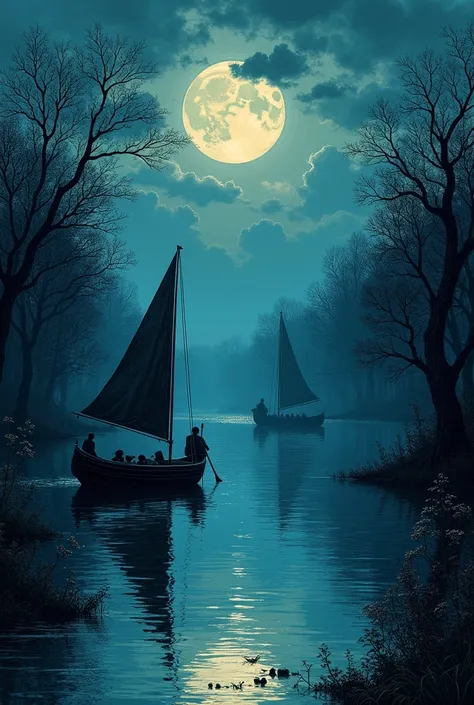  Jigsaw puzzle inspired by 。 river painting with boats and full moon, Vector art inspired by Ivan Bilibin  , Reddit, , Russian folklore , Puzzle Art , 8 k 4 k, ,  moonlight, Night mood,  Lovecraft Scenery , Detailed dreamscape,  Slavic folklore fairy tale ...