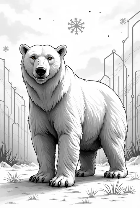 A black and white drawing polar bear geographic wires background landscape big snowflakes