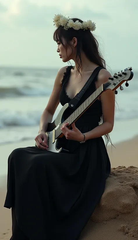 A melancholic gothic girl, perched on the sandy shore, clad in an elegant floor-length black gown, adorned with a crown of delicate white blooms atop her head and cradling an electric guitar. This evocative scene, whether captured in a painting or photogra...