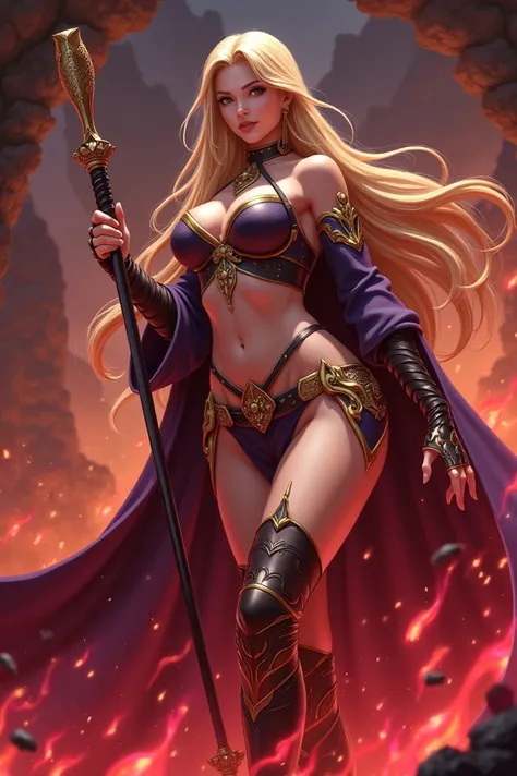 A wizard Physically fit adult woman with long blond hair and big breasts using a magic staff anime version