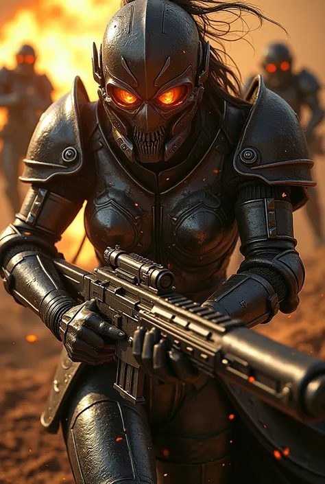 hard sci-fi setting, cyberpunk, girl in black Celtic paladins heavy armor with open helmet visor with heavy+light+flamethrower+gun shootout from rock runing, space troopers in the background, aimed fire from a guns, night stone desert, dust storm, battle s...