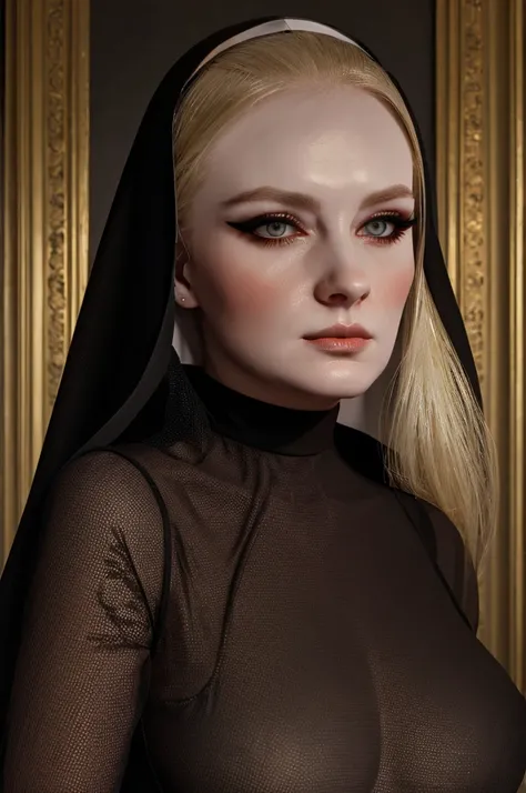 a woman pretty, blonde, slicked back ,black lace sheer dress , blonde hair ,wearing nun veil, big breast,, pale skin , eyeliner ,foxy eyeliner , Caravaggios paintings、Chiaroscuro of Caravaggio , simple background