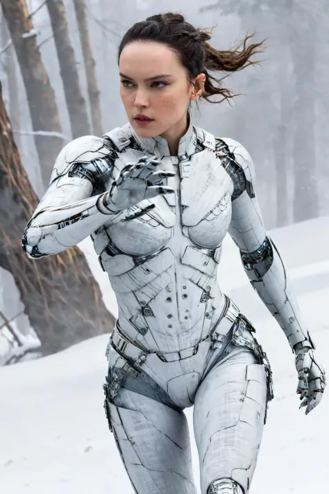 daisy ridley,(Surprised woman Cyborg trying hide face by destroying arm from over fly atached snow-Owl spirit), (epic and horror), detailed freeze clothes, ((elements of destruction on cybernetic parts)),(strong snowfall), detailed, good quality, masterpie...