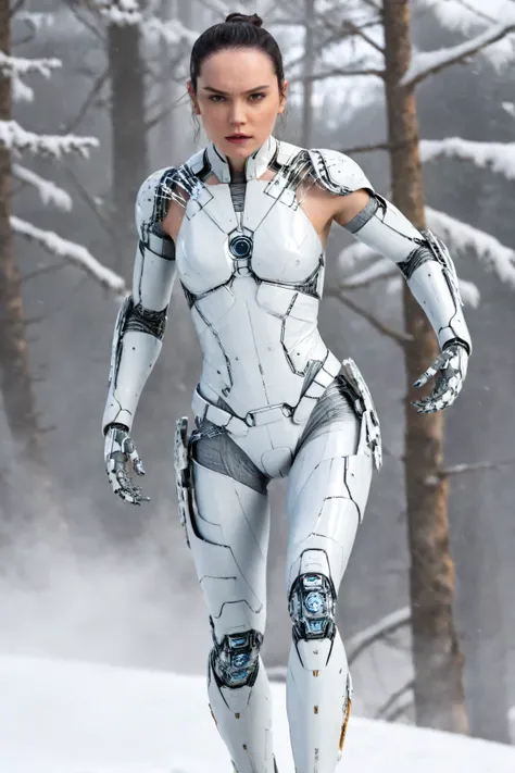 daisy ridley,(Surprised woman Cyborg trying hide face by destroying arm from over fly atached snow-Owl spirit), (epic and horror), detailed freeze clothes, ((elements of destruction on cybernetic parts)),(strong snowfall), detailed, good quality, masterpie...