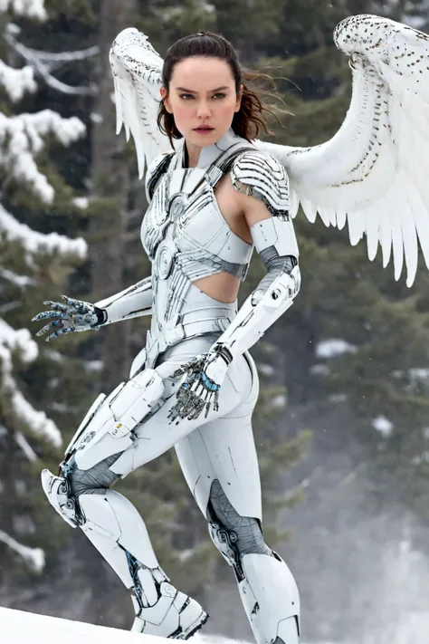 daisy ridley,(Surprised woman Cyborg trying hide face by destroying arm from over fly atached snow-Owl spirit), (epic and horror), detailed freeze clothes, ((elements of destruction on cybernetic parts)),(strong snowfall), detailed, good quality, masterpie...