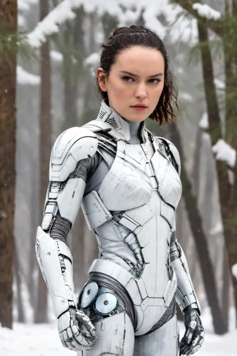 daisy ridley,(Surprised woman Cyborg trying hide face by destroying arm from over fly atached snow-Owl spirit), (epic and horror), detailed freeze clothes, ((elements of destruction on cybernetic parts)),(strong snowfall), detailed, good quality, masterpie...