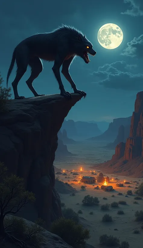 A skinwalker half man and half animal watching a Navajo village from afar in the desert at night.