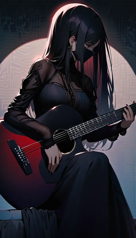 A dark, moody portrait of a goth girl, her black straight hair cascading down her shoulders, creating a stark contrast against the dimly lit background. She is seated in a dramatic pose, her body angled slightly forward, intensely focused on playing her gu...