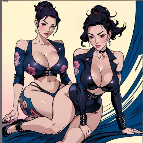 Beautiful mature woman、Eros、 top quality、 Masterpiece、 Amazing 、( digital art style 1.2)、COOL、( pop art style 1 .2)、Katsushika Hokusai-style painting、(80s art)、(punk art 1 .2)、 high leg（ colorful )、leg、 big breasts、 cleavage、null、