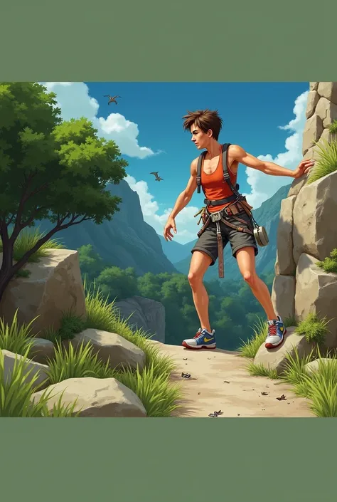  Place this beautiful character wearing a climbers outfit ,  with harness and straps climbing a mountain with a beautiful view, blue sky,  some flying bird and green trees , Keep your face and hair ,  also wear sneakers and climbing clothes , Keep your fac...